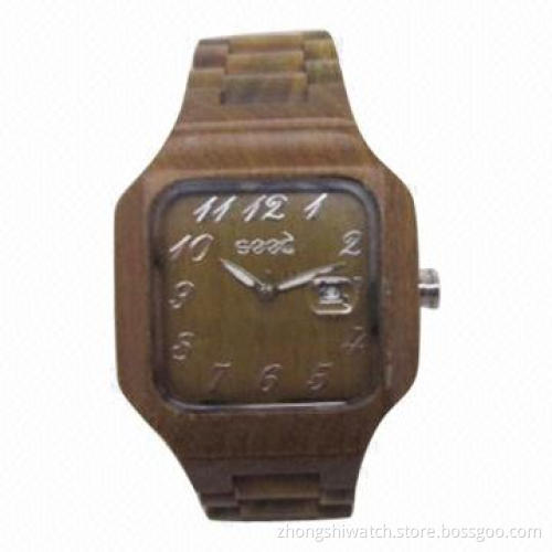 Classic Square Natural Green Sandalwood Bewell Wooden Watch, Japan Seiko Movement, Custom Design